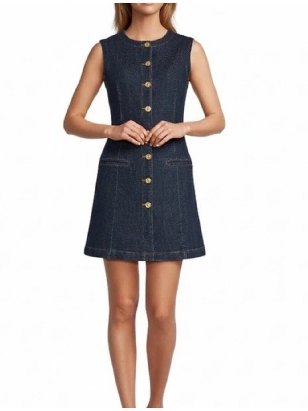 Antonio Melani Dark Wash Denim Dress Size 12 Sleeveless Gold Button Mini NWT